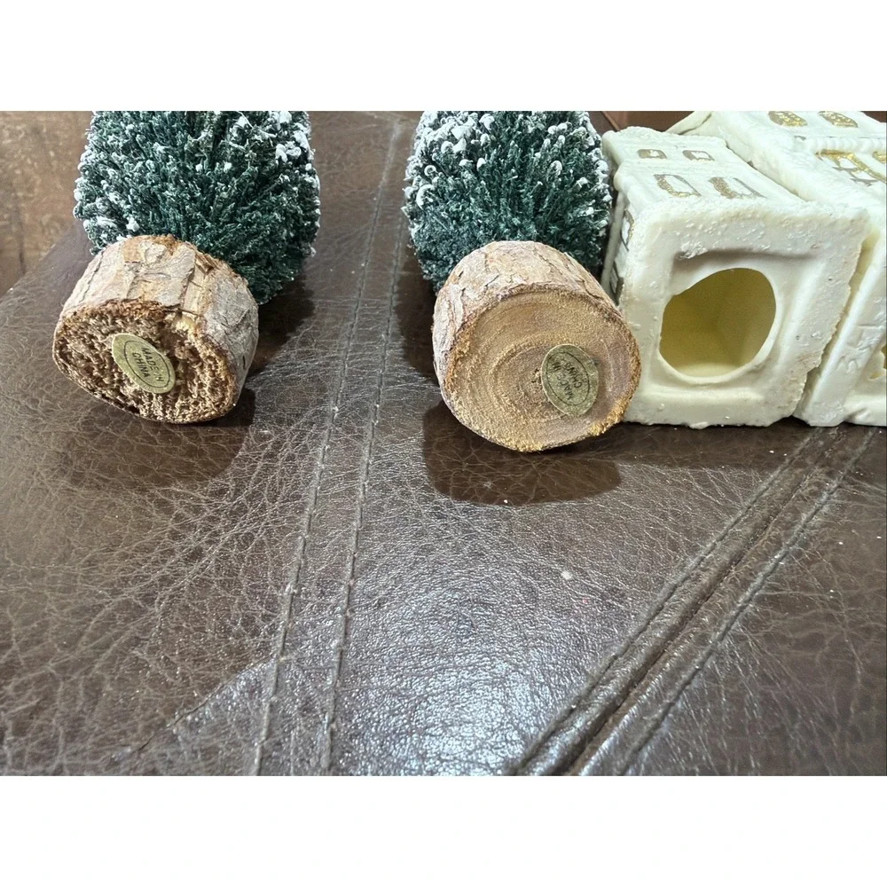 Miniature Ceramic White Gold Trim Village Houses Glitters Lot of 5 Vintage Trees
